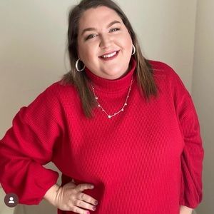 Ava & Viv Red waffle knit mock neck long balloon sleeve top, 4X